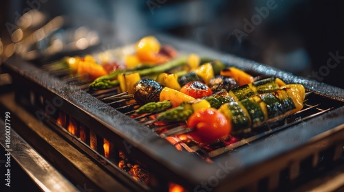A rectangular flat barbecue grill with vegetables arranged in symmetry, embers glowing beneath, smoke creating faint atmospheric haze, metallic