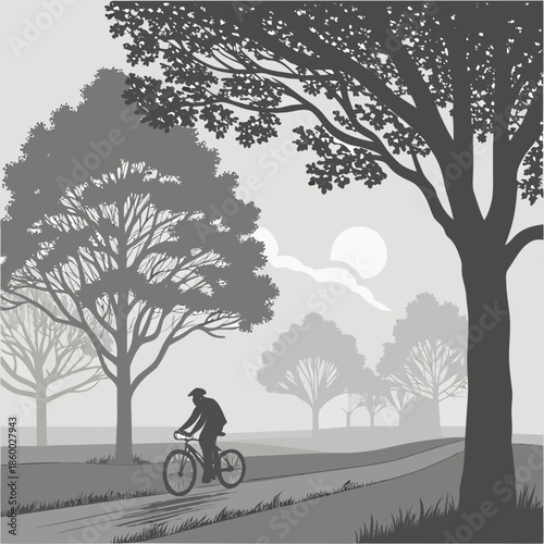 a serene grayscale landscape features a solitary cyclist riding along a path amidst towering trees and a distant sun
