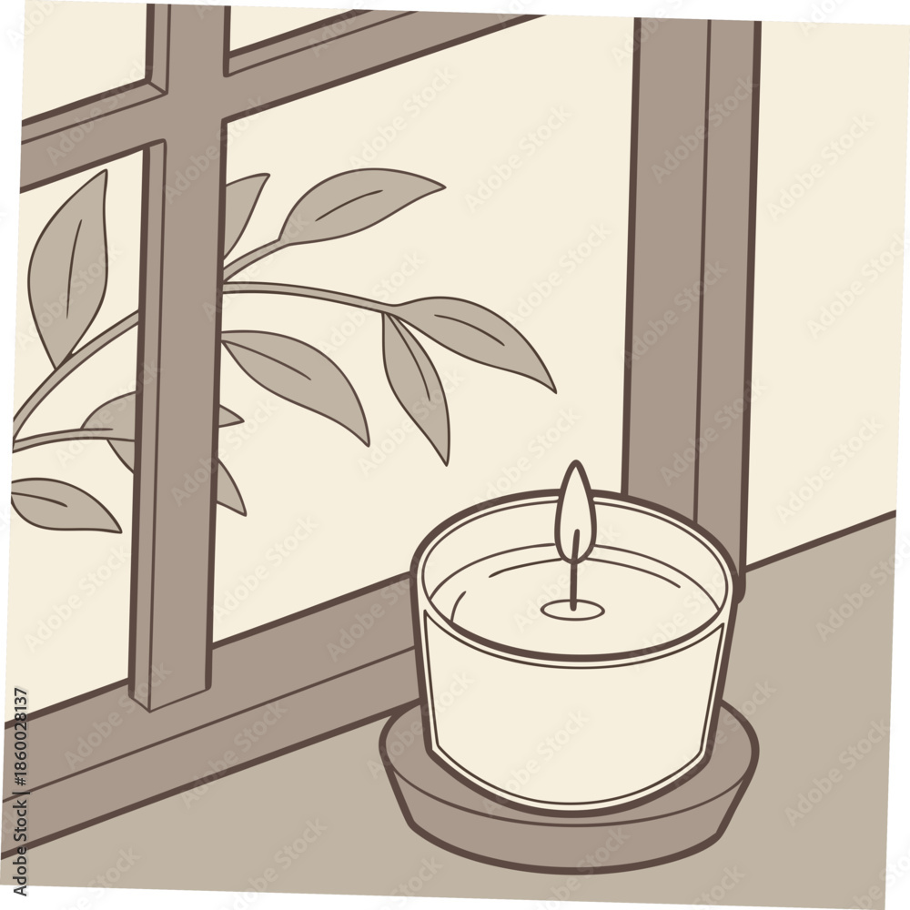 Fototapeta premium A softly lit candle burns peacefully on a windowsill framed by a window with a glimpse of green foliage outside