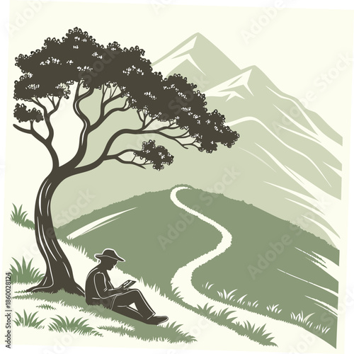 a serene landscape depicts a person reading under a tree with majestic mountains and a winding path in the background