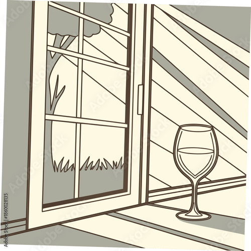 a still life composition featuring an open window overlooking landscape scenery and a solitary wine glass on a ledge