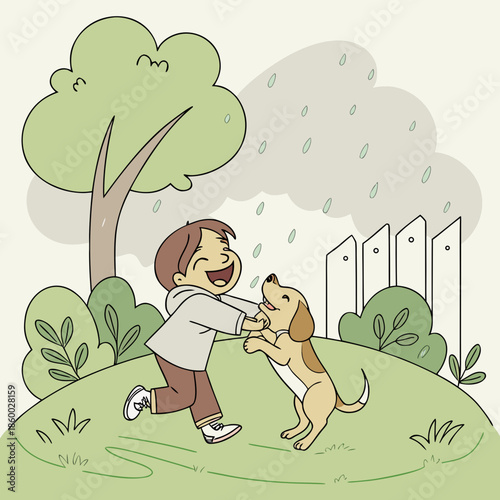 a cheerful boy joyfully playing with his playful golden retriever dog under a light rain shower in a park