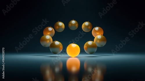 A ring of levitating pears encircles a glowing central fruit, all suspended above a mirrored ground. Shadows are sharp