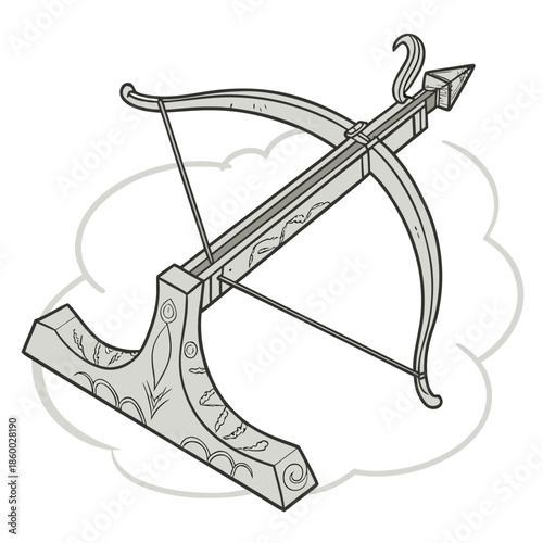 A detailed illustration of an antique crossbow featuring a wooden frame metal components and a single arrow ready for launch