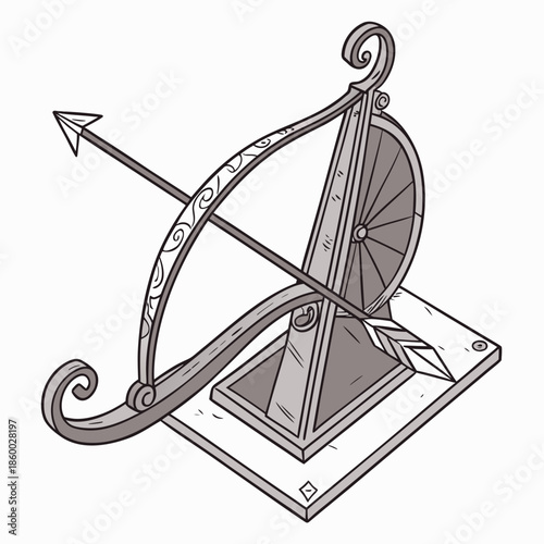 an exquisite illustration of an antique crossbow design featuring a wooden frame and a meticulously crafted wheel mechanism