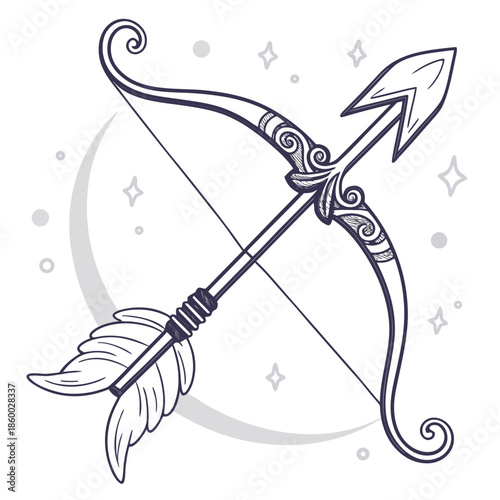 an elegant illustration of a vintage bow and arrow complete with decorative elements and celestial accents presented in a whimsical
