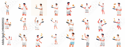Set of vector illustrations showing a man in boxers happily flipping pancakes for breakfast preparation.
