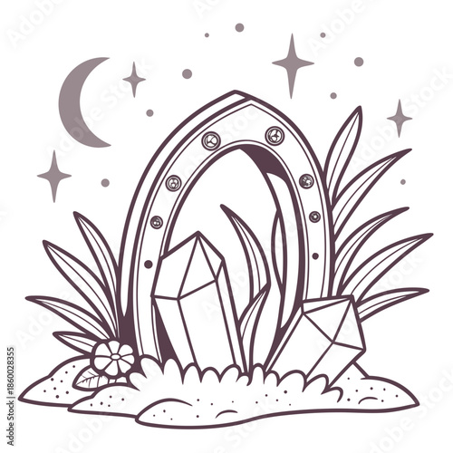 an ornate gothic archway surrounded by crystals leaves and celestial elements like stars and a crescent moon illustration