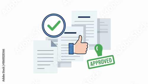 Illustration of a hand giving a thumbs up with a green approved stamp and documents in a flat lay composition with a clean white background.