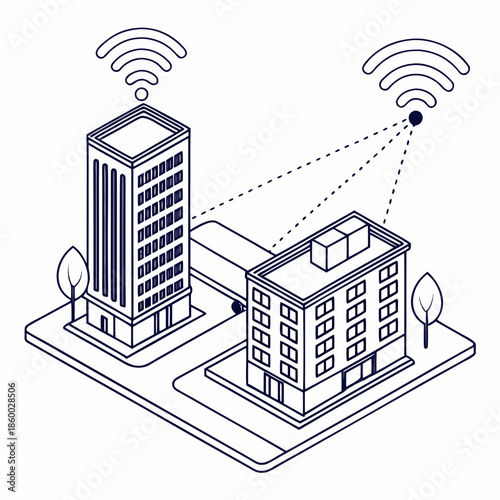 Illustration depicting a smart city concept with buildings connected by wireless signals showcasing technological infrastructure and urban connectivity