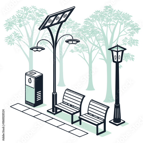 A scenic park illustration showcases solar powered street lamps benches and a charging station highlighting sustainable urban design and technology