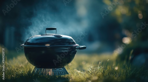 A round portable charcoal grill placed neatly on grass, lid resting to side, faint smoke drifting upward, sharp metallic