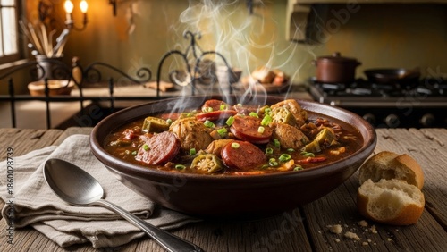 Steaming Bowl of Spicy Cajun Gumbo with Sausage and Okra