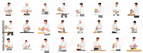 A series of detailed vector illustrations depicting professional male chefs in various poses expertly grating cheese for culinary preparation.