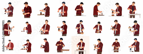 Barista-style illustrations of a man in a red plaid shirt grinding fresh coffee beans with a manual hand grinder.