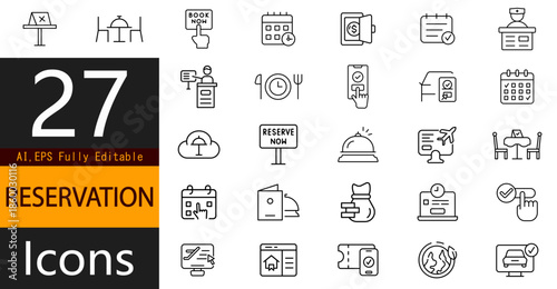 Online Reservation Icons Set – Booking, Calendar and Time Management