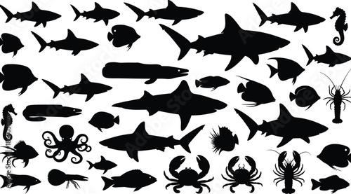 Set of marine life silhouettes with sharks fish crabs and octopus, underwater ocean animal collection, cad drawing flat vector illustration