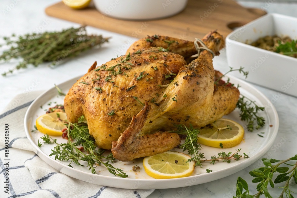 custom made wallpaper toronto digitalA roasted chicken with herbs and vegetables on top of a white plate