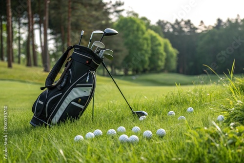 A golf bag with a set of golf clubs and a bag of golf balls