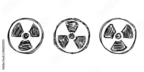 Set of hand drawn radiation sign Nuclear radiation hazard symbol Radioactive danger warning doodle Radioactive waste Single element for print, web, design, decor