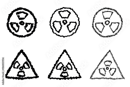 Set of hand drawn radiation sign Nuclear radiation hazard symbol Radioactive danger warning doodle Radioactive waste Single element for print, web, design, decor