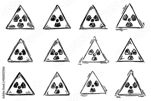 Set of hand drawn radiation sign Nuclear radiation hazard symbol Radioactive danger warning doodle Radioactive waste Single element for print, web, design, decor