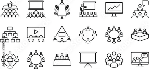 Business meeting and presentation icons illustrating teamwork, corporate discussions, training sessions, seminar communication, and organizational collaboration in clean minimal line style