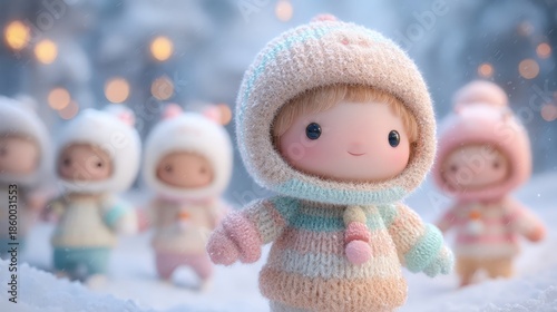 Una escena encantadora de muñecas en un paisaje nevado, capturando la inocencia y la magia del invierno.