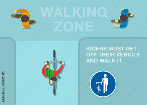 Safe driving tips and traffic regulation rules. European "dismount and continue on foot" sign area. Top view of a rider walking his bicycle. Flat vector illustration template.