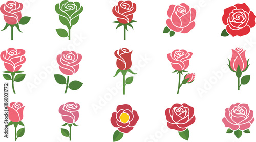Collection of 16 various roses in different shades of pink and red