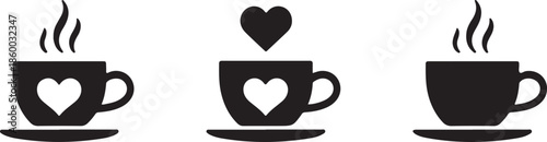 Coffee mug and tea cup vector icon set. Black silhouette collection with steam and heart symbols for cafe logo, coffee shop branding, menu design or hot drink element. 