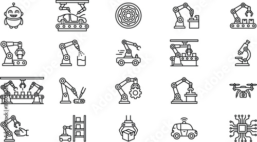 Modern industrial automation icons featuring robotic arms, smart manufacturing, artificial intelligence, robotics technology, drone systems, and automated production line concepts