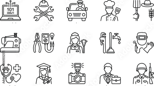 Modern profession and occupation line icon collection featuring tools, workers, education, medical care, automotive, culinary, and industrial careers in clean vector style