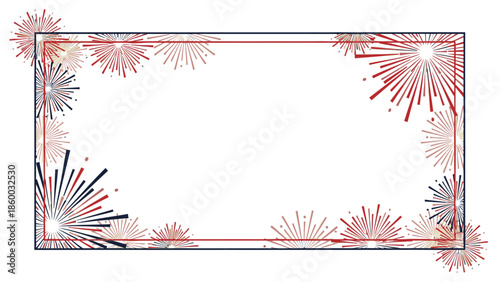 Decorative rectangular frame with red, white, and blue fireworks on a white background, ideal for Chinese New Year 2026 celebrations or patriotic designs.