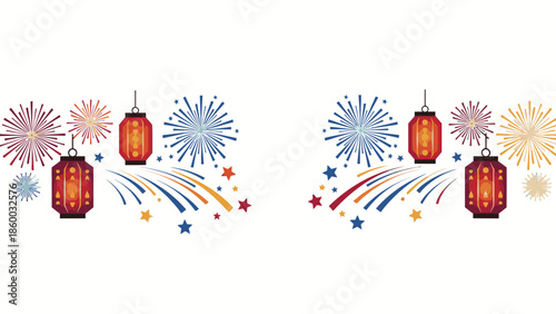 Decorative frames with red lanterns, fireworks, and colorful borders on a white background for Chinese New Year 2026 celebrations.