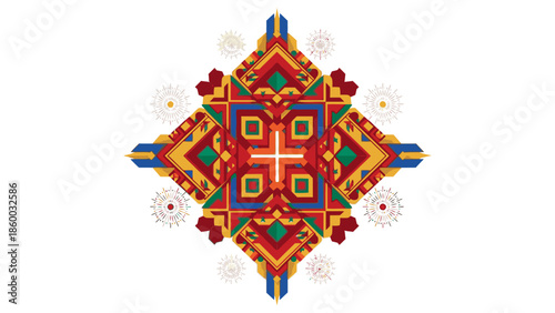 Vibrant decorative frame with intricate borders and colorful patterns, reminiscent of Chinese New Year 2026 designs, against a clean white background.