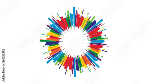 A colorful, circular composition of decorative frames and borders in red, blue, yellow, green, and orange hues, against a clean white background, celebrating Chinese New Year 2026 with