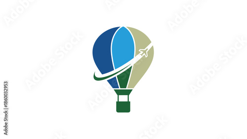 Hot air balloon with airplane circling around, travel concept, adventure and journey.