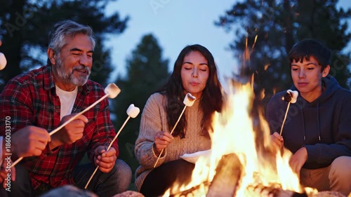 Family Gathering Around Campfire Enjoying Marshmallows and Bonding Joyfully at