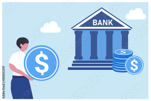 Bank building, bank financing, money exchange, deposit money in a bank vector illustration, object financial investment, cash deposit to the bank, profit in financial services, ATM vector illustration