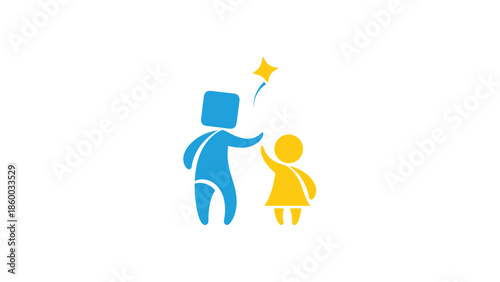 Joyful figures reaching for a star, symbolizing aspiration and guidance, a heartwarming illustration.