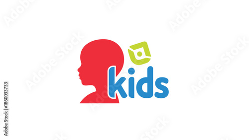 Logo featuring a childs profile with the word kids in blue font, representing childhood.