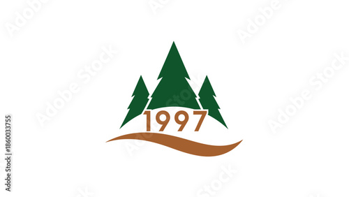 Logo featuring three green pine trees with the year 1997, brown wave.