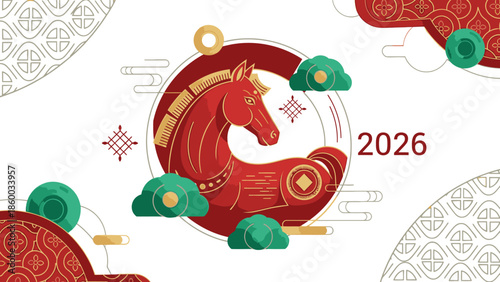 Flat design illustration of a red fire horse for a Chinese New Year 2026 greeting card with green accents and ornate patterns on a white background.