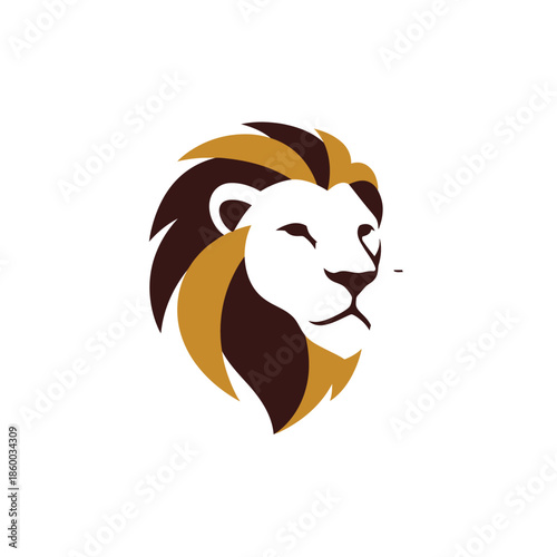Majestic lion head logo design with golden and brown mane, white face.