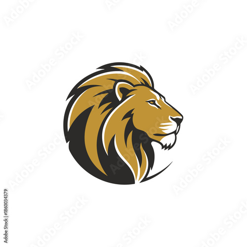 Majestic lion head logo design with golden mane and fierce expression, perfect for branding.