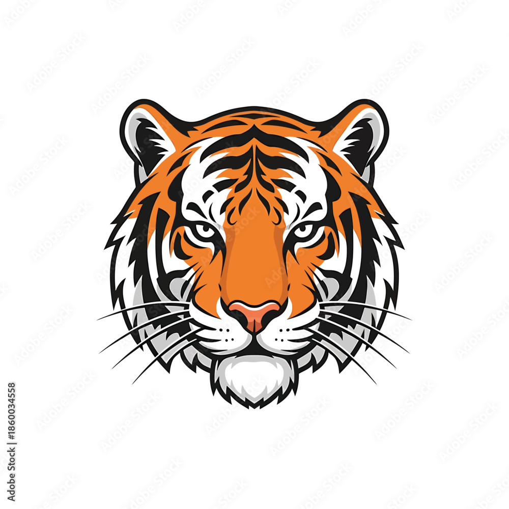 Fototapeta premium Majestic tiger head illustration showcasing vibrant orange and black stripes with intense gaze.