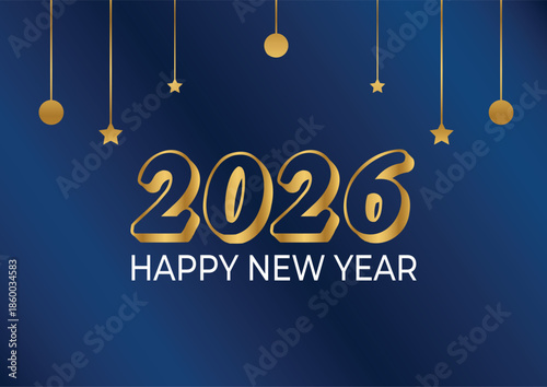 Happy New Year 2026 Greeting with Hanging Golden Stars and Ornaments