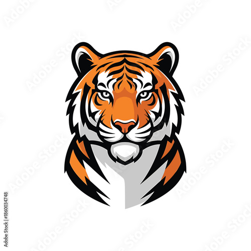 Majestic tiger head portrait with striking orange and black stripes, fierce gaze.