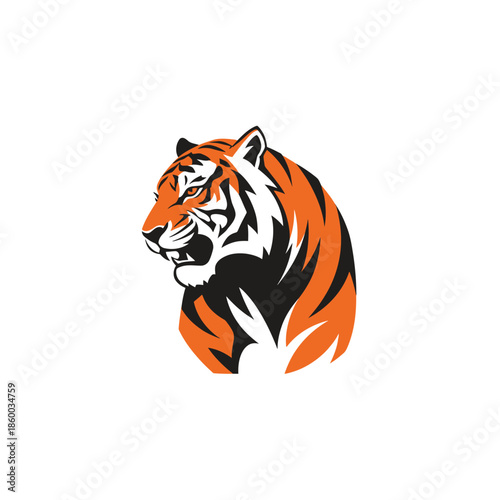 Majestic tiger illustration showcasing vibrant orange and black stripes, fierce expression.